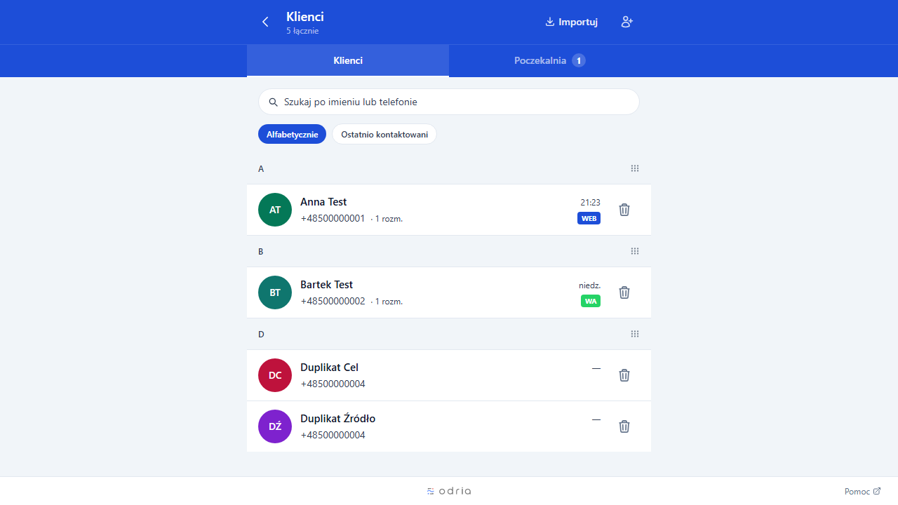 Lista klientów z filtrami i wyszukiwarką