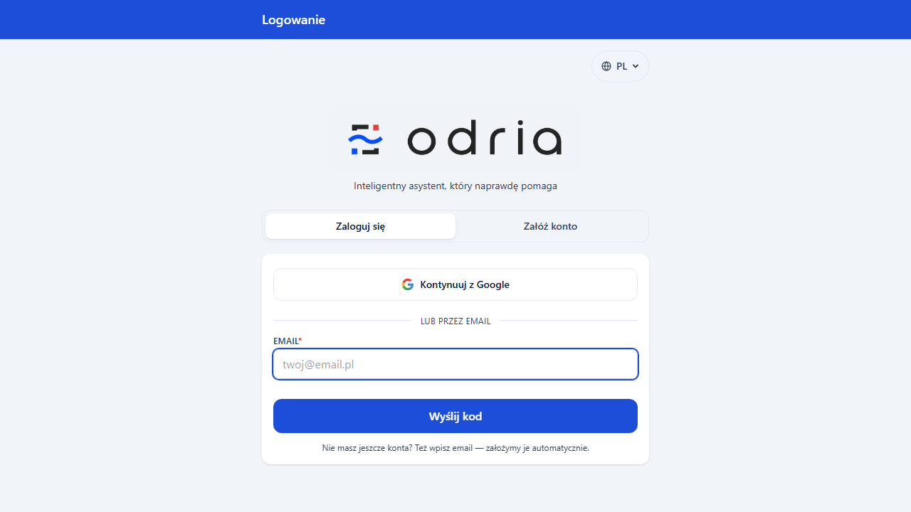Strona logowania z polem na adres email