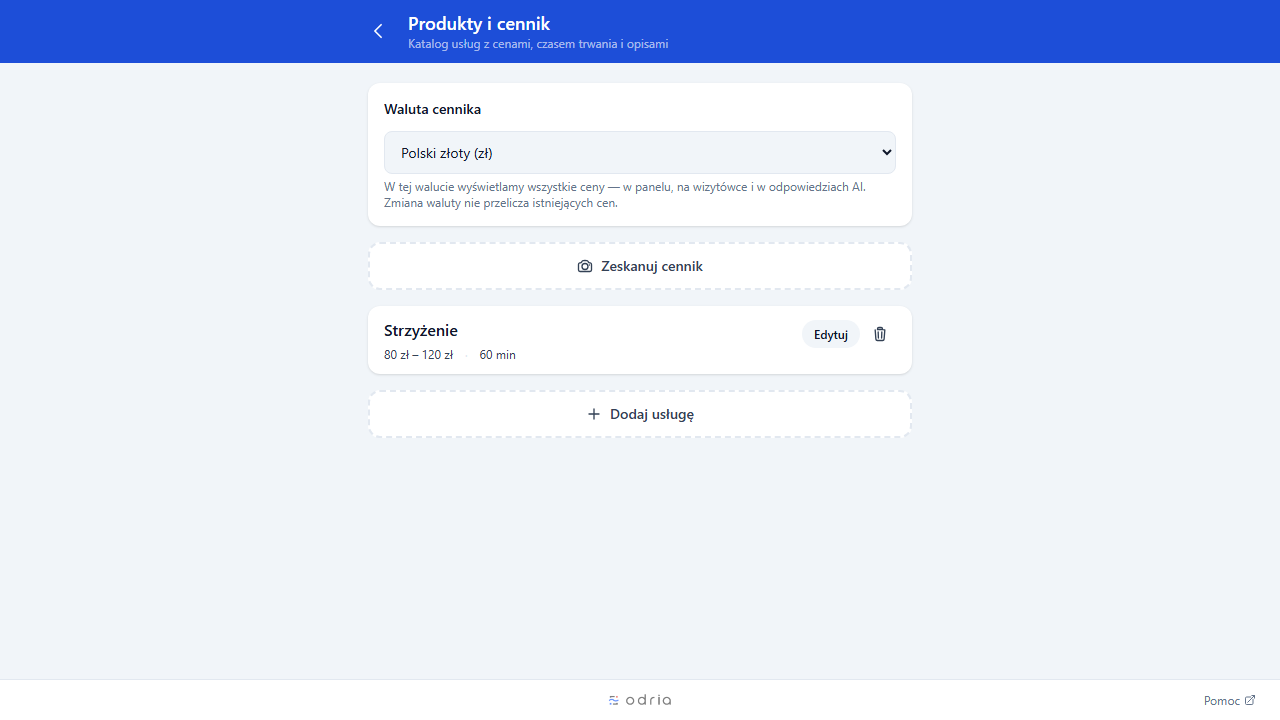 Ekran z draftami usług po OCR